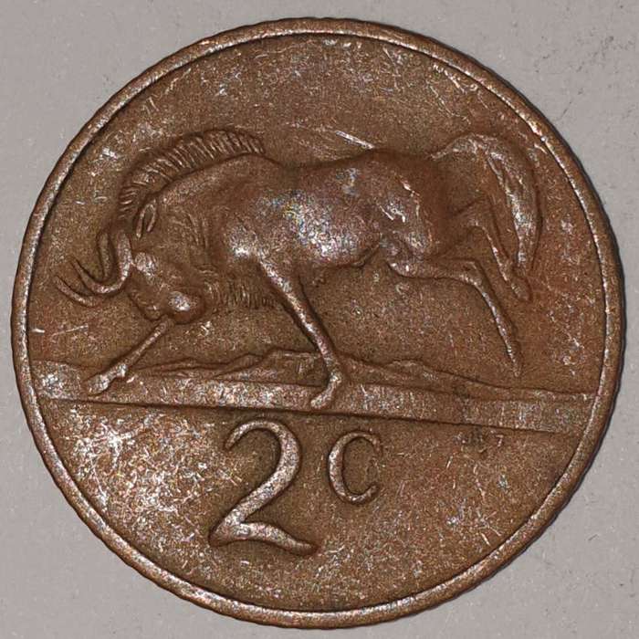 1973 - 2 CENT COIN (TWO CENT COIN) - RSA - BRONZE - KM#83 - BILINGUAL LEGEND - WILDEBEEST